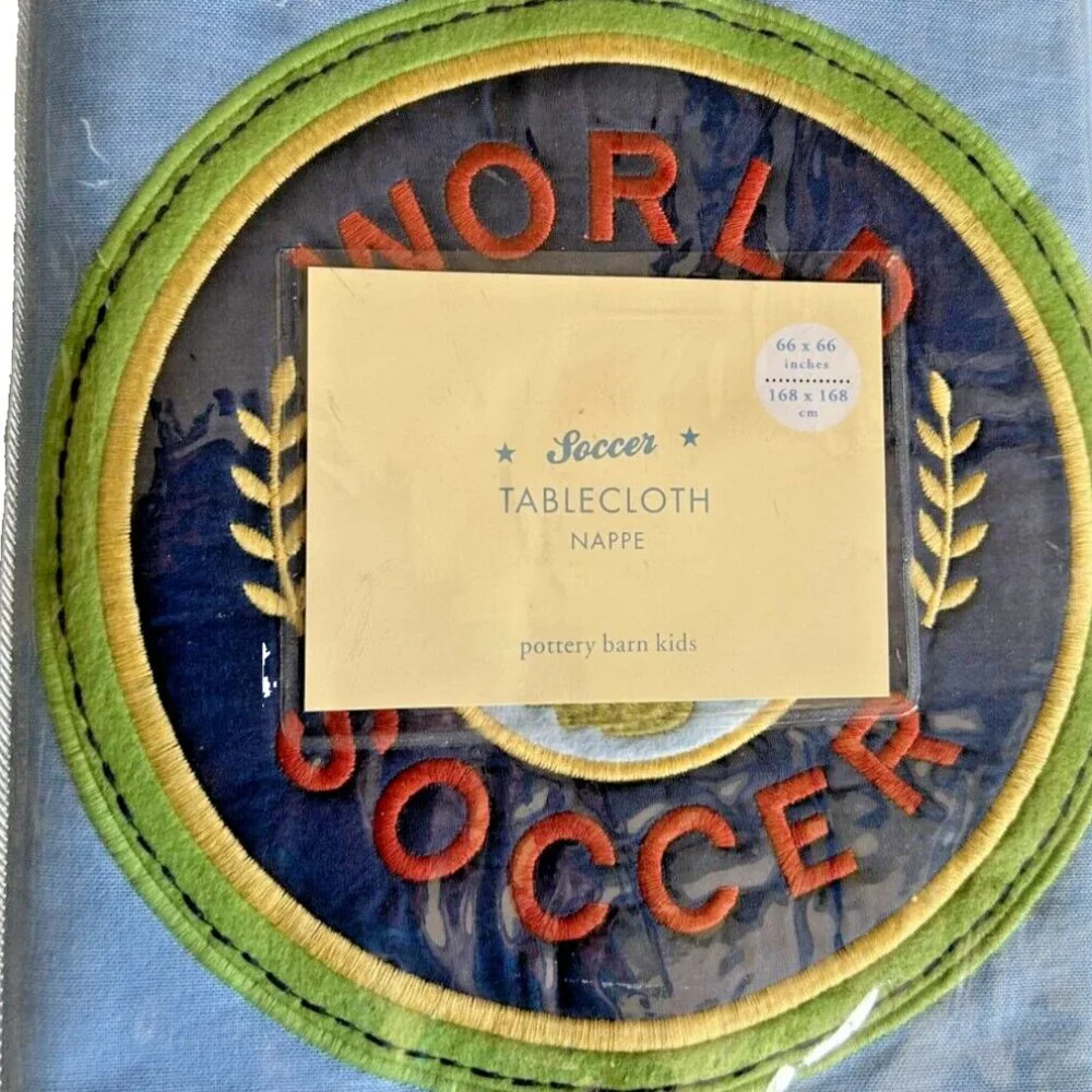 Pottery Barn Kids Soccer 2026 WORLD CUP Tablecloth Blue 66 x 66 RARE NIP